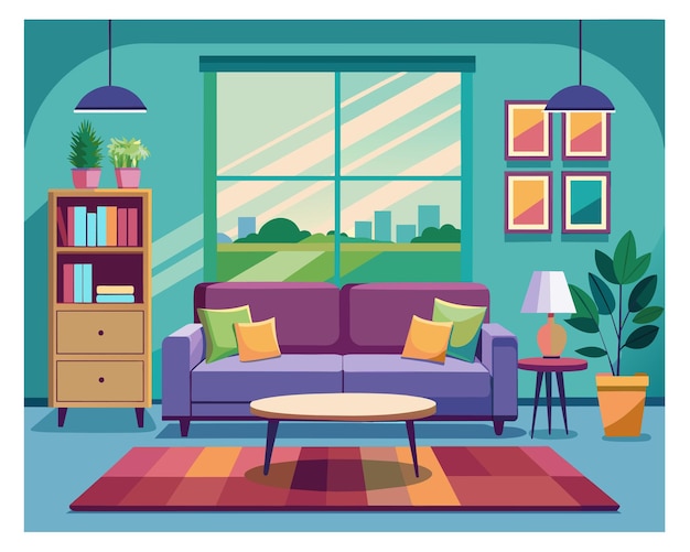 Vector a painting of a living room with a couch and a window