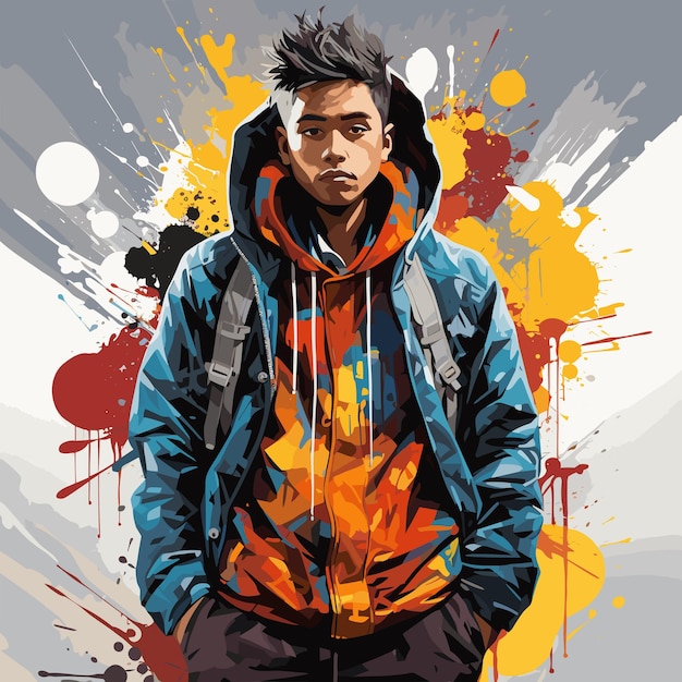 Painting of man in blue jacket with orange and red paint splatters