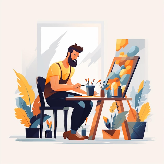 a painting of a man sitting at a table with a picture of a man working on it