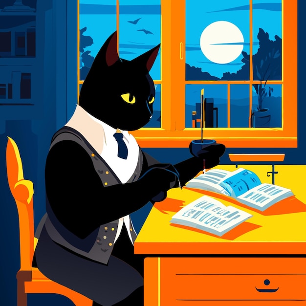 Vector painting in medieval style a black cat in a vest sits at a table in an old house and calculates