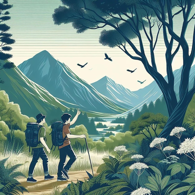 a painting of men in the woods with mountains in the background