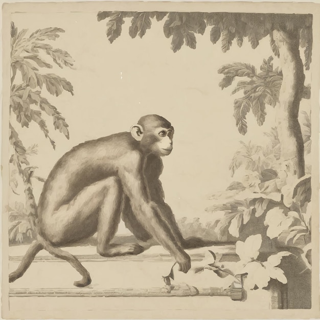 Vector painting of monkeys and a man with a stick in his hand