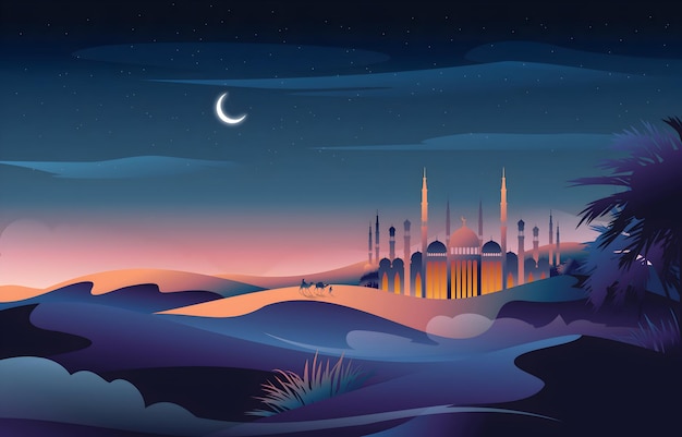 Vector a painting of a mosque in the desert with the moon in the background