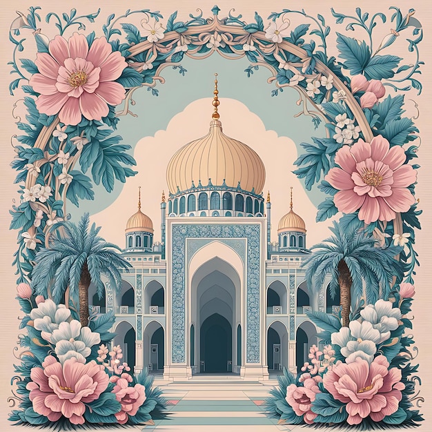 a painting of a mosque with flowers and a blue mosque in the background