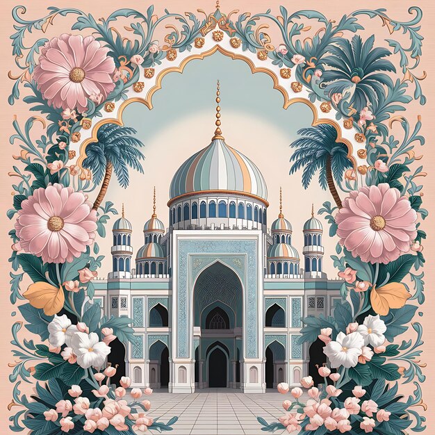 Vector a painting of a mosque with flowers and a large mirror