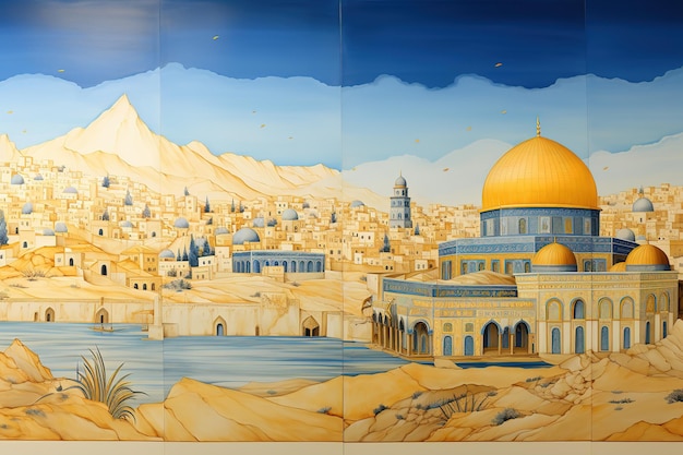 a painting of a mosque with a mountain in the background