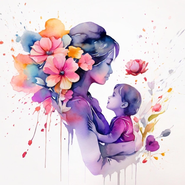 Vector a painting of a mother and her child with flowers and watercolors