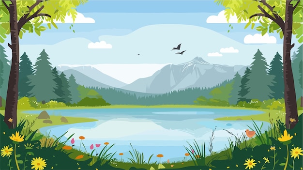 Vector a painting of a mountain lake with a bird flying above it