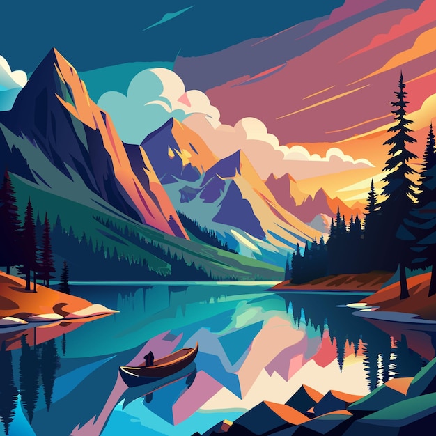 Vector a painting of a mountain lake with a canoe in the water