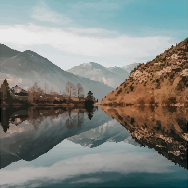 a painting of a mountain and a lake with a mountain in the background