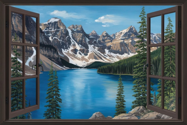 Vector a painting of a mountain lake with trees and mountains in the background