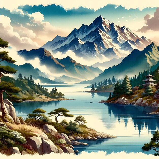 Vector a painting of a mountain landscape with a lake and mountains in the background