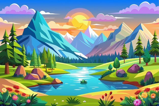 a painting of a mountain landscape with mountains and a river