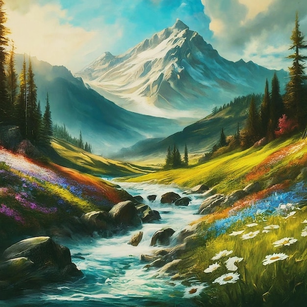 Vector a painting of a mountain landscape with mountains trees