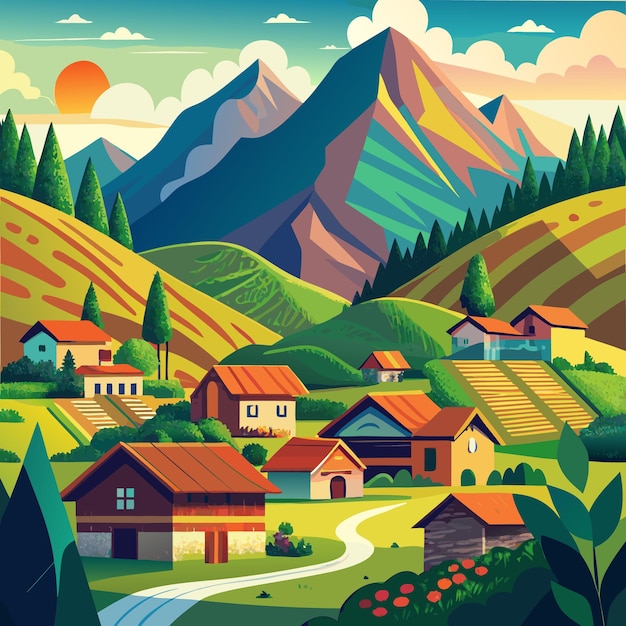 Vector a painting of a mountain village with mountains in the background