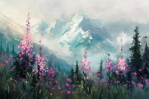 a painting of a mountain with flowers and mountains in the background