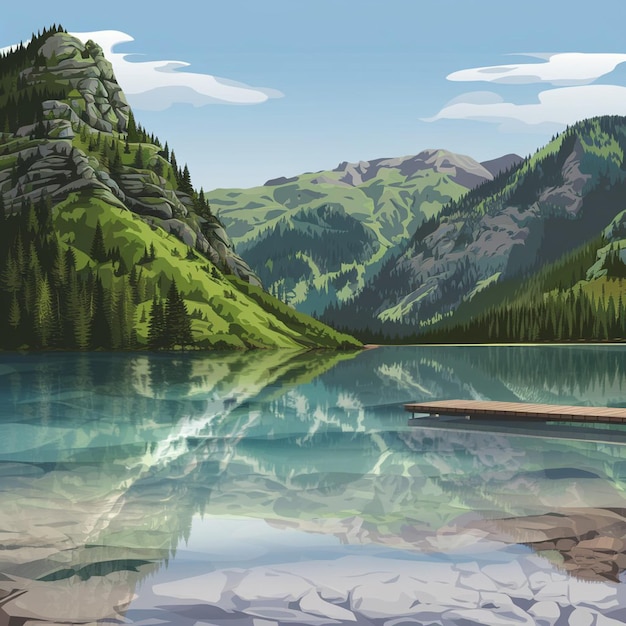 Vector a painting of a mountain with a lake and a dock