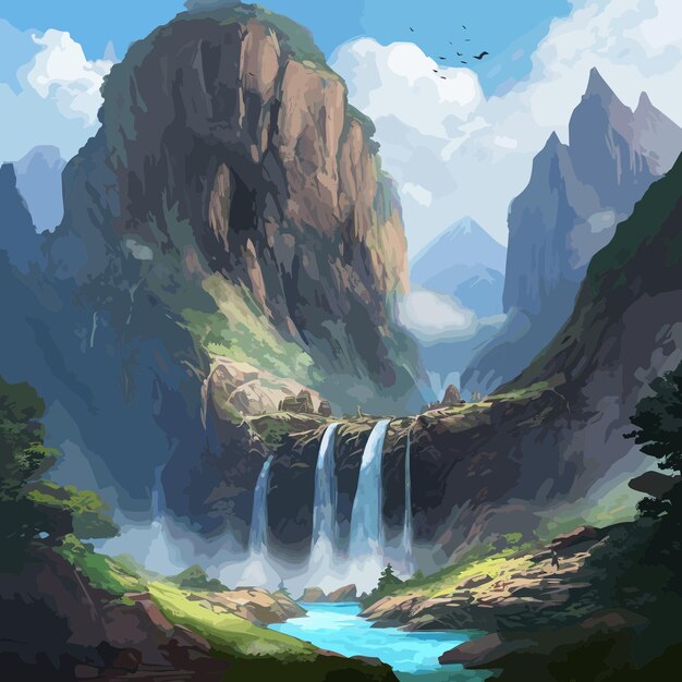 Vector a painting of a mountain with a waterfall in the middle of it