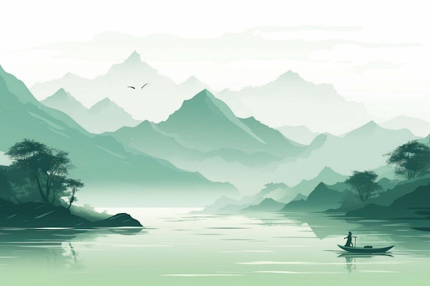 Vector a painting of mountains and a boat in the water with mountains in the background