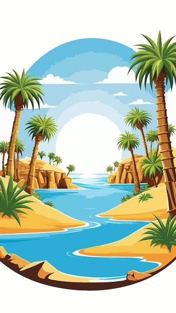 A painting of oasis with water and trees cartoon drawing artwork vector