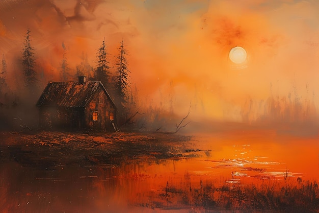 A painting of an orange sunset with an old house on it in the style of soft mist romantic riverscape