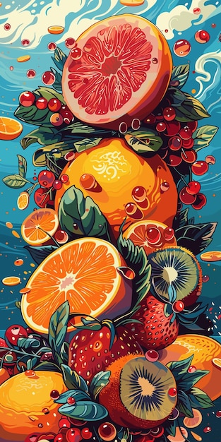 a painting of oranges and fruits with the words  pomegranate  on the bottom