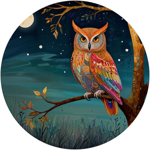 A painting of an owl with a moon in the background Tshirt vector design