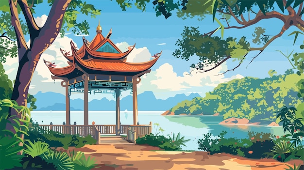 Vector a painting of a pagoda by the lake