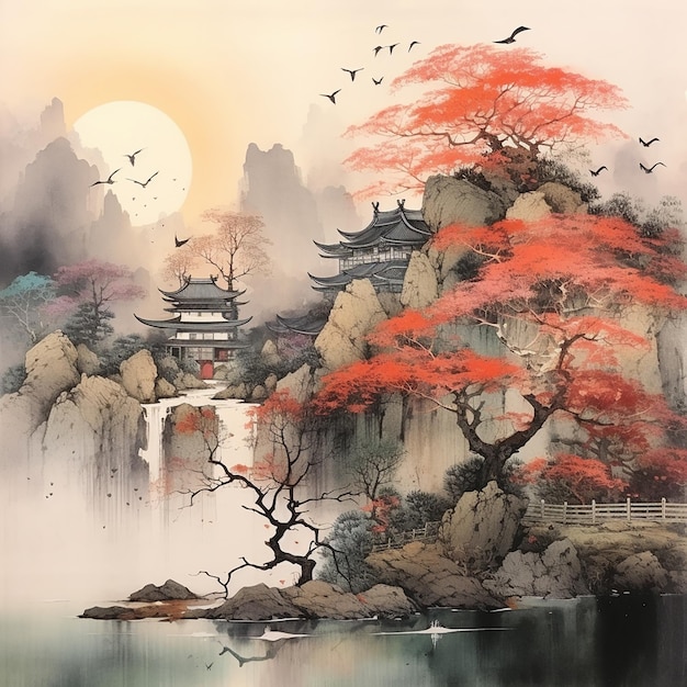 a painting of a pagoda with birds flying around it