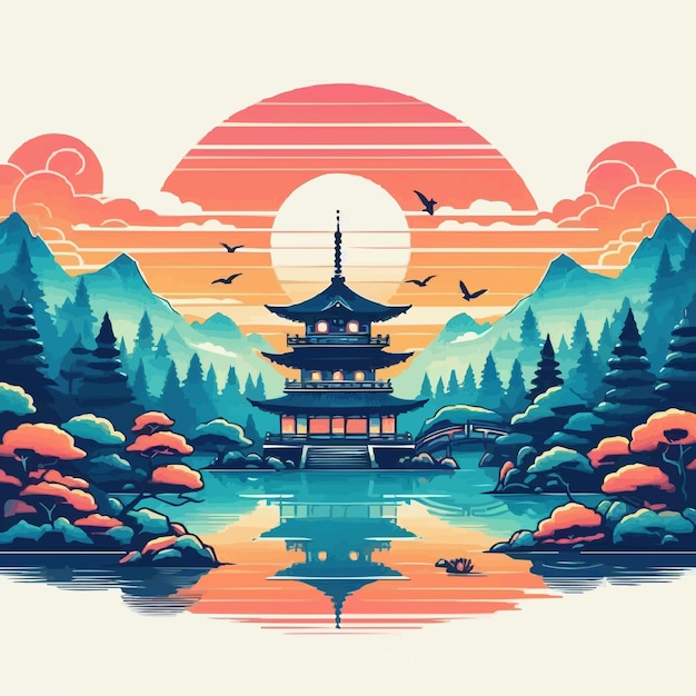 a painting of a pagoda with birds flying around it