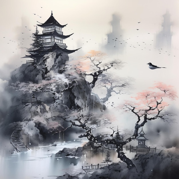 a painting of a pagoda with a lake and a tree with a bird flying in the sky