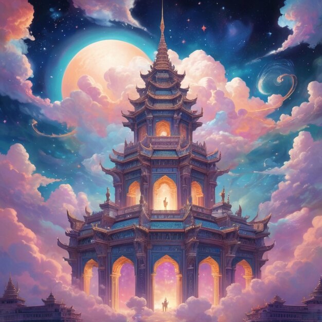 Vector a painting of a pagoda with a moon and clouds in the background