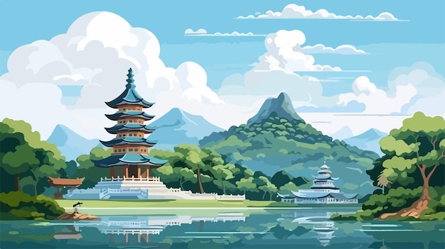 a painting of a pagoda with a mountain in the background