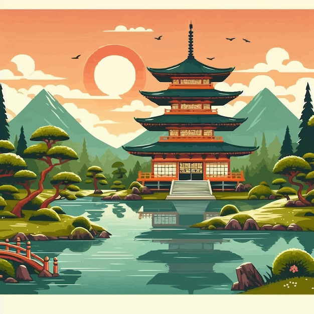 Vector a painting of a pagoda with mountains in the background