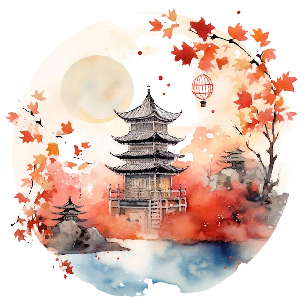 a painting of a pagoda with a red leaf on it