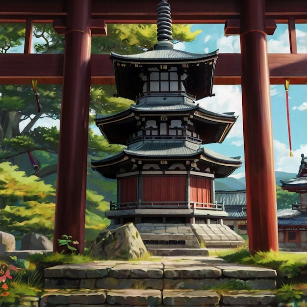 a painting of a pagoda with a sky background