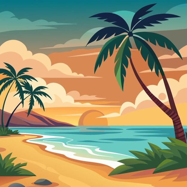 a painting of palm trees on a beach with the sun setting behind them