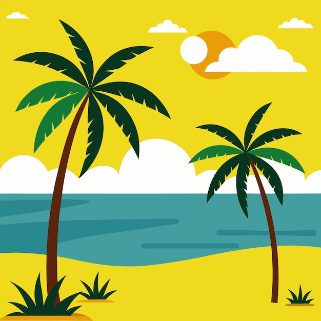 a painting of palm trees on a beach with a sun shining on them