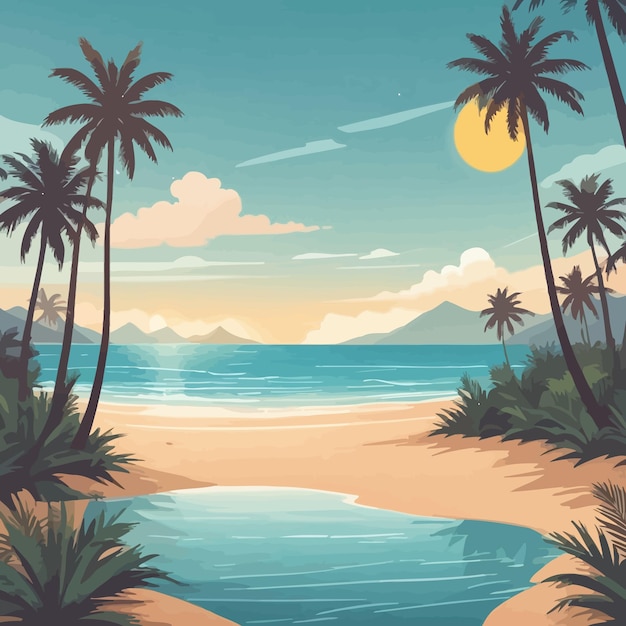 a painting of palm trees and a beach with a sunset in the background