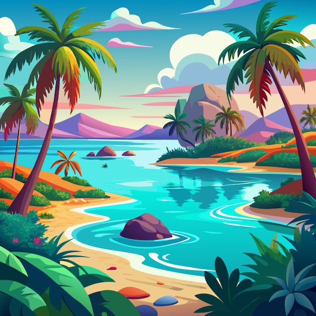 a painting of palm trees and the ocean in a tropical scene