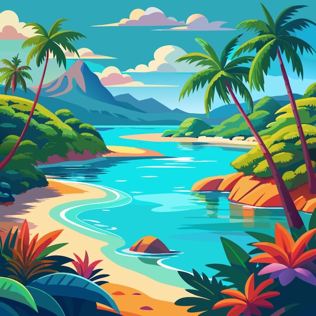 Vector a painting of palm trees and the ocean in a tropical scene