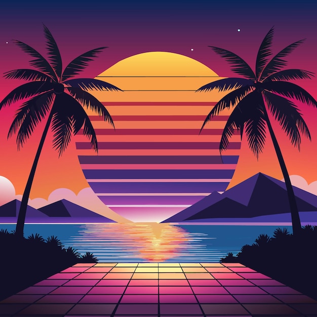 a painting of palm trees and a sunset with a sunset in the background