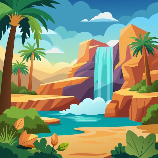 a painting of palm trees and a waterfall with palm trees in the background