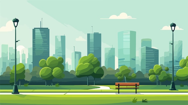 a painting of a park with a bench and a cityscape in the background