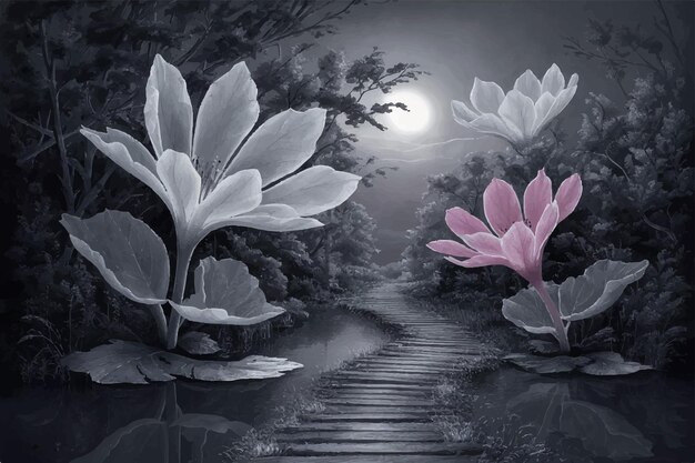 Vector a painting of a path with pink flowers and a path leading to a lake