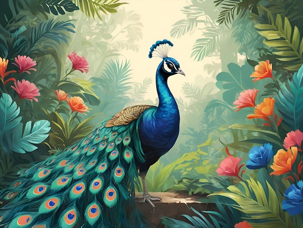 a painting of a peacock with a blue tail is shown in a painting