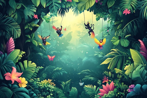 Vector a painting of people flying in the jungle