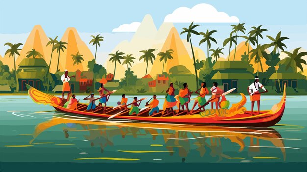 Vector a painting of people rowing a canoe with a palm tree on the top