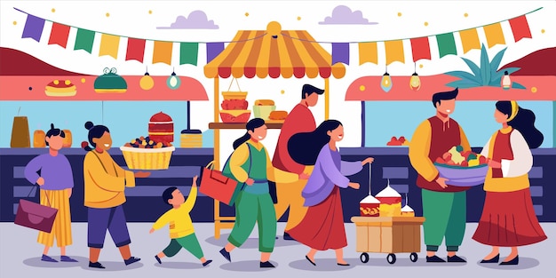 Vector a painting of people shopping at a food stall