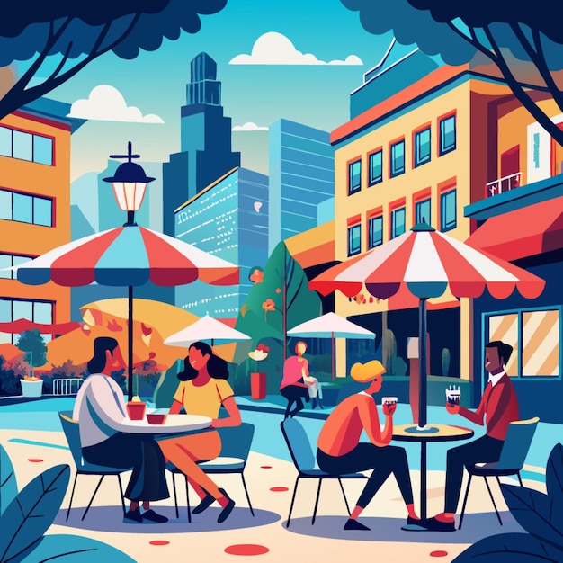 a painting of people sitting at a cafe with a city in the background